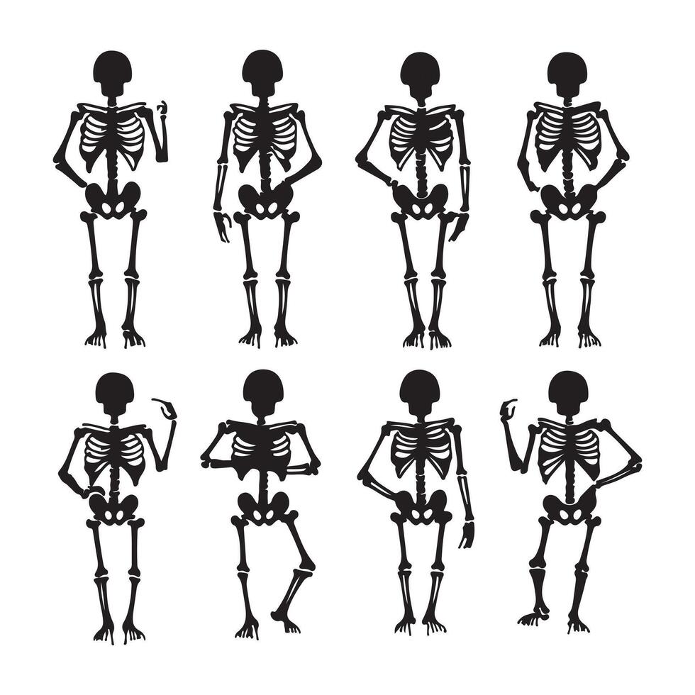A set of Happy Halloween skeletons in black and white Silhouette icon illustration vector