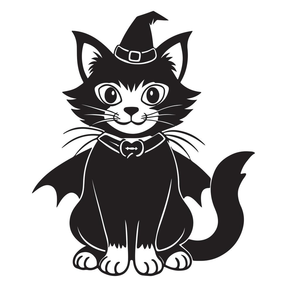 A set of Happy Halloween cat in black and white Silhouette icon illustration vector