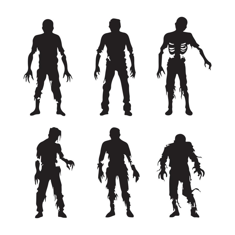 A set of Happy Halloween zombies in black and white Silhouette icon illustration vector