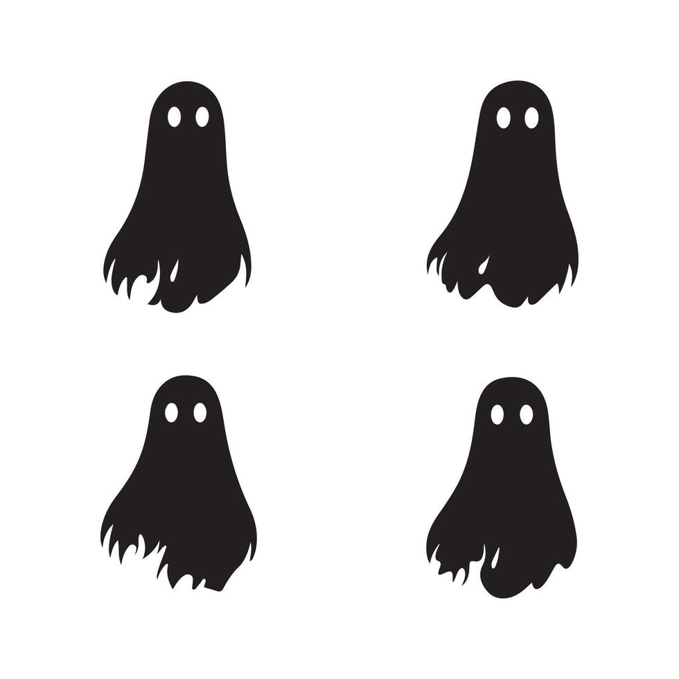 A set of Happy Halloween Ghosts in black and white Silhouette icon illustration vector