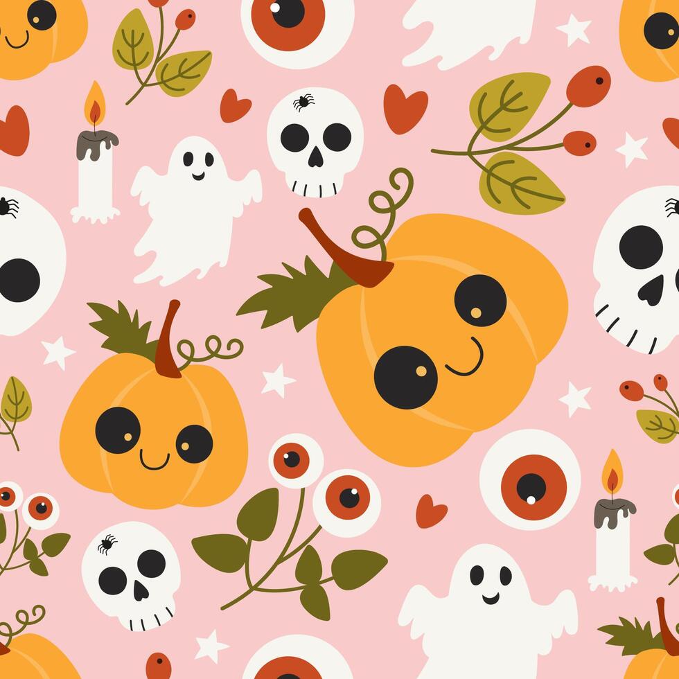Autumn seamless pattern of cute halloween elements pumpkin, skull and spook. Great for autumn cards, invitations, banner, textile, cartoon style illustration vector