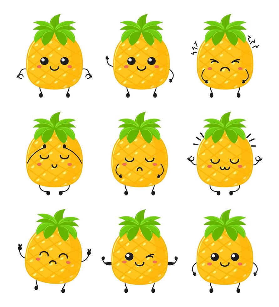 Funny pineapple character with hand drawn cartoon kawaii character vector