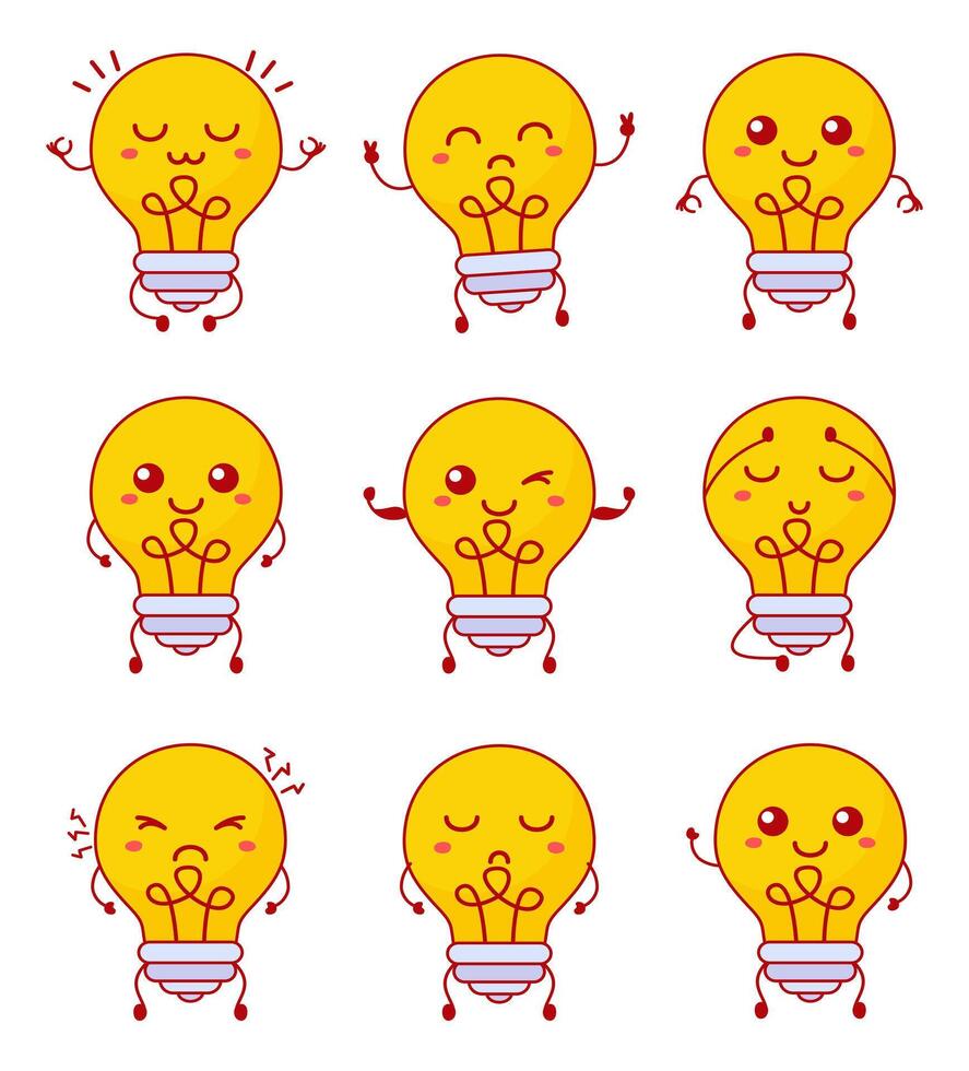 Funny light bulb lamp character with hand drawn cartoon kawaii character vector