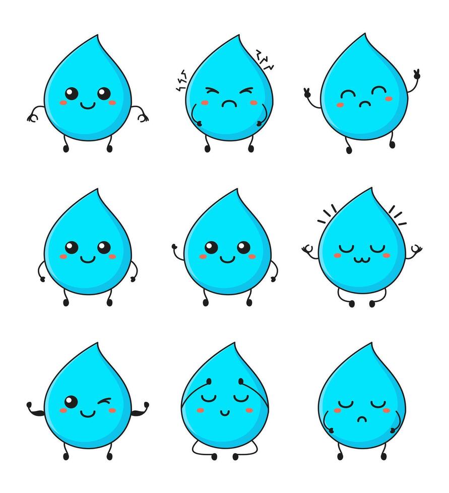 Funny water drop character with hand drawn cartoon kawaii character vector