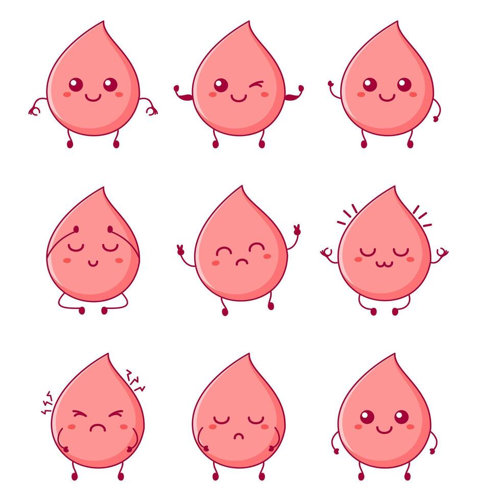Funny blood drop character with hand drawn cartoon kawaii character vector