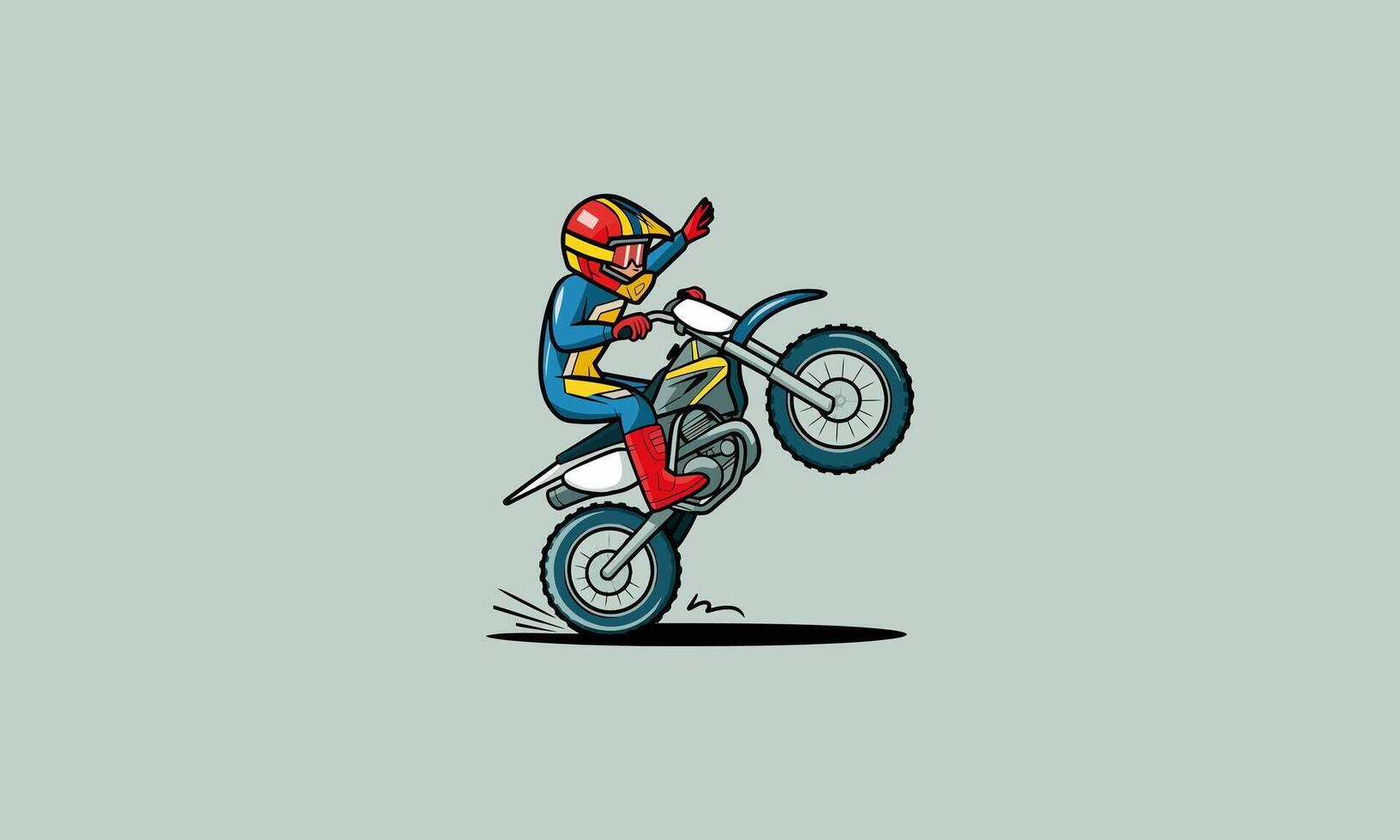 Motocross rider performing a wheelie on a dirt bike. vector