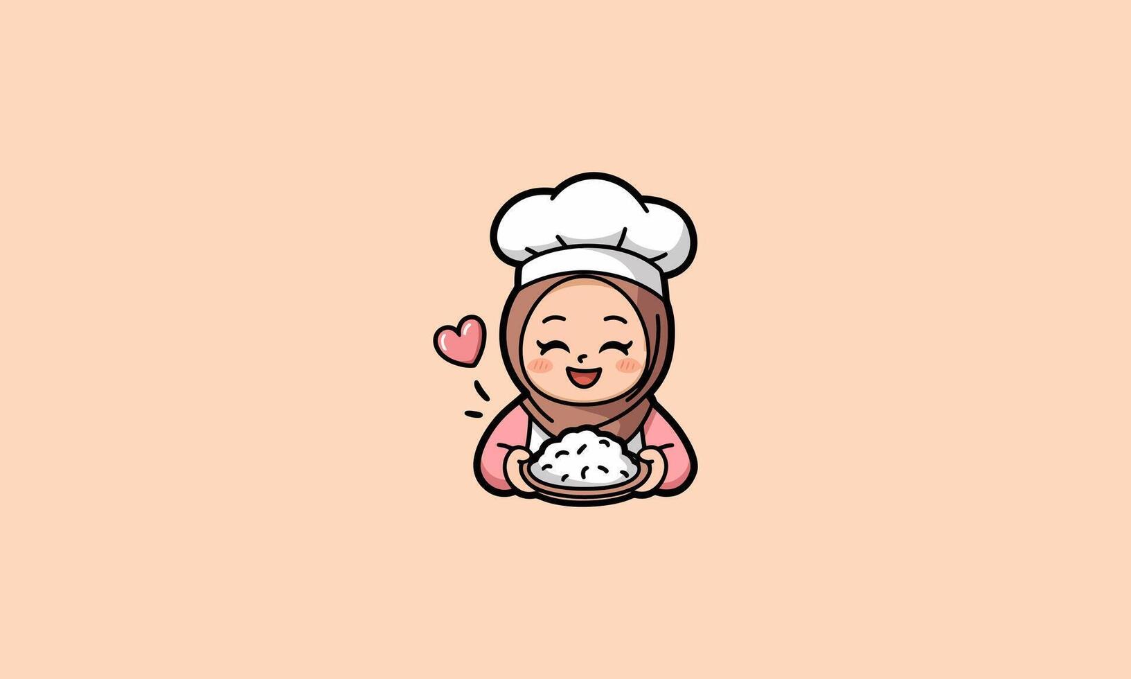 Cartoon girl chef in hijab smiling while holding a dish. vector