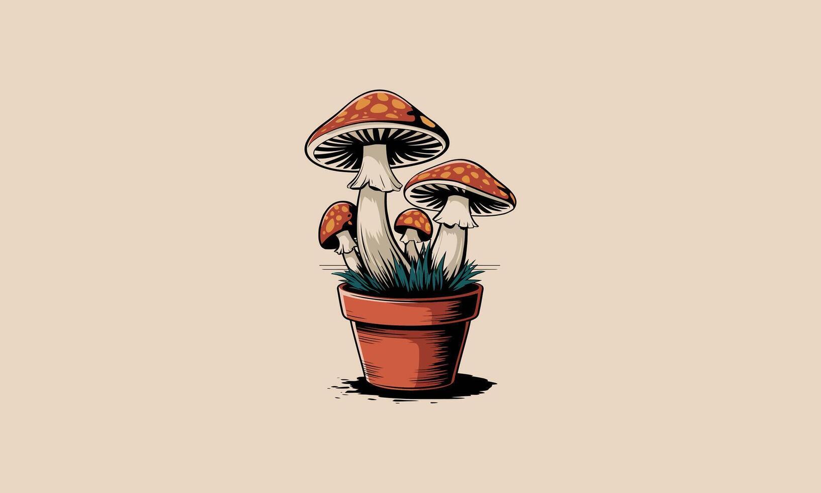 Mushrooms growing in a terracotta pot with grass. vector
