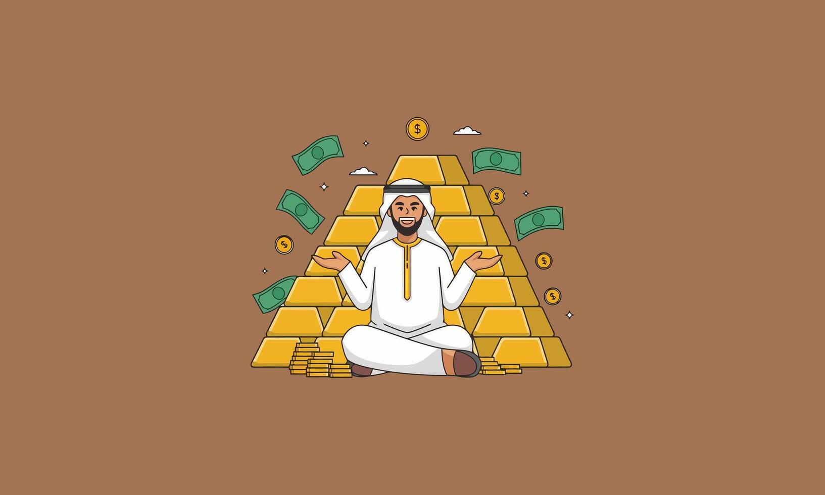 Middle Eastern man sitting in front of gold bars with cash. vector