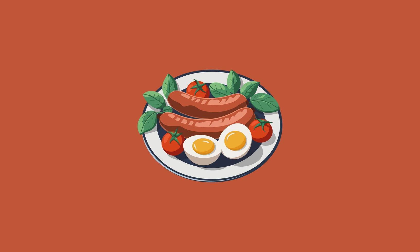 Breakfast plate with sausages, eggs, tomatoes, and greens vector