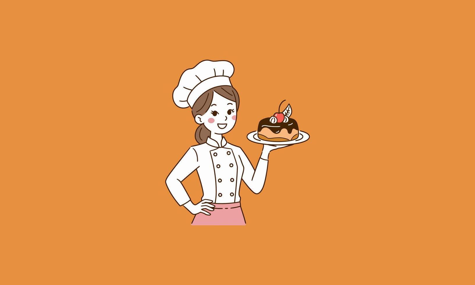 Smiling female chef holding a dessert on a plate. vector