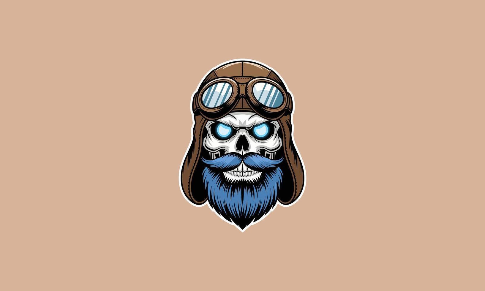 Skull with blue beard, aviator helmet, and goggles. vector