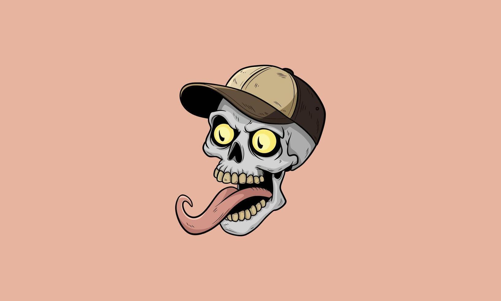 Skull with cap, wide eyes, and tongue sticking out. vector