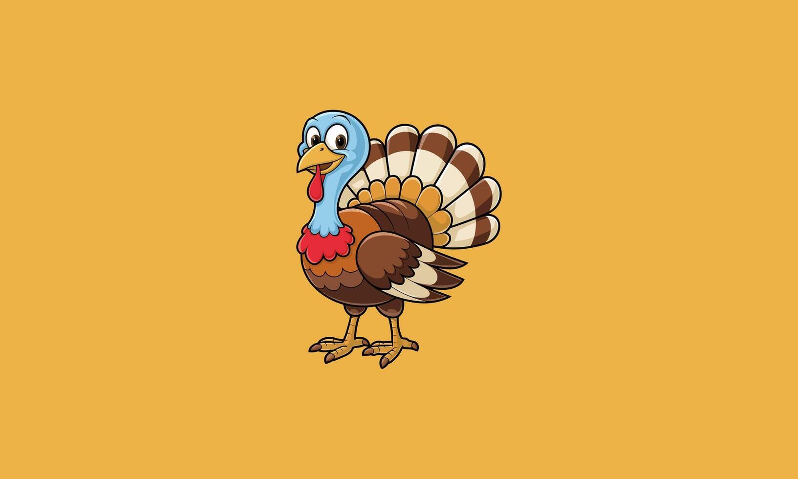 Smiling cartoon turkey with colorful feathers and blue head vector