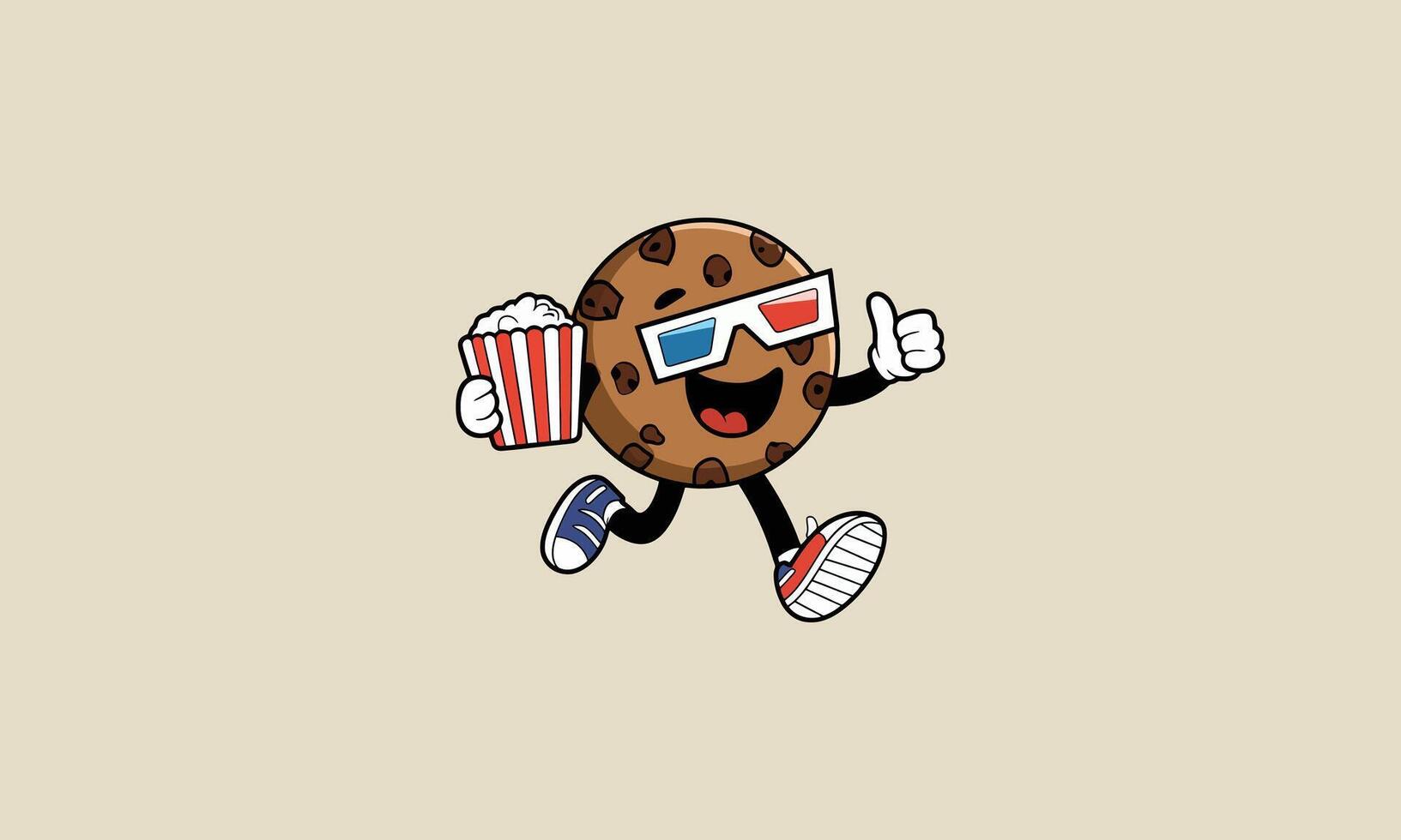 Happy cookie character wearing 3D glasses with popcorn. vector