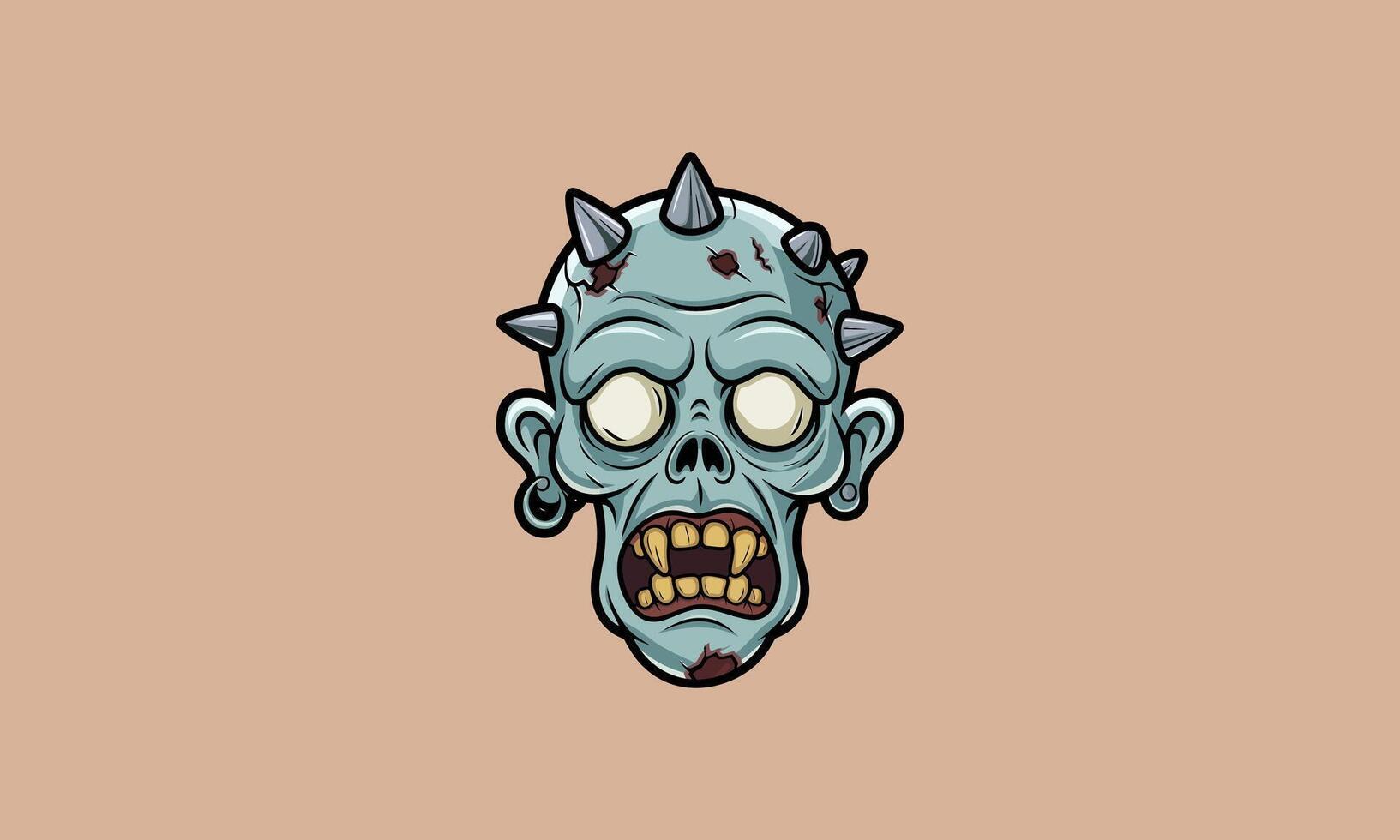 Zombie head with spikes, pale skin, and sharp teeth. vector