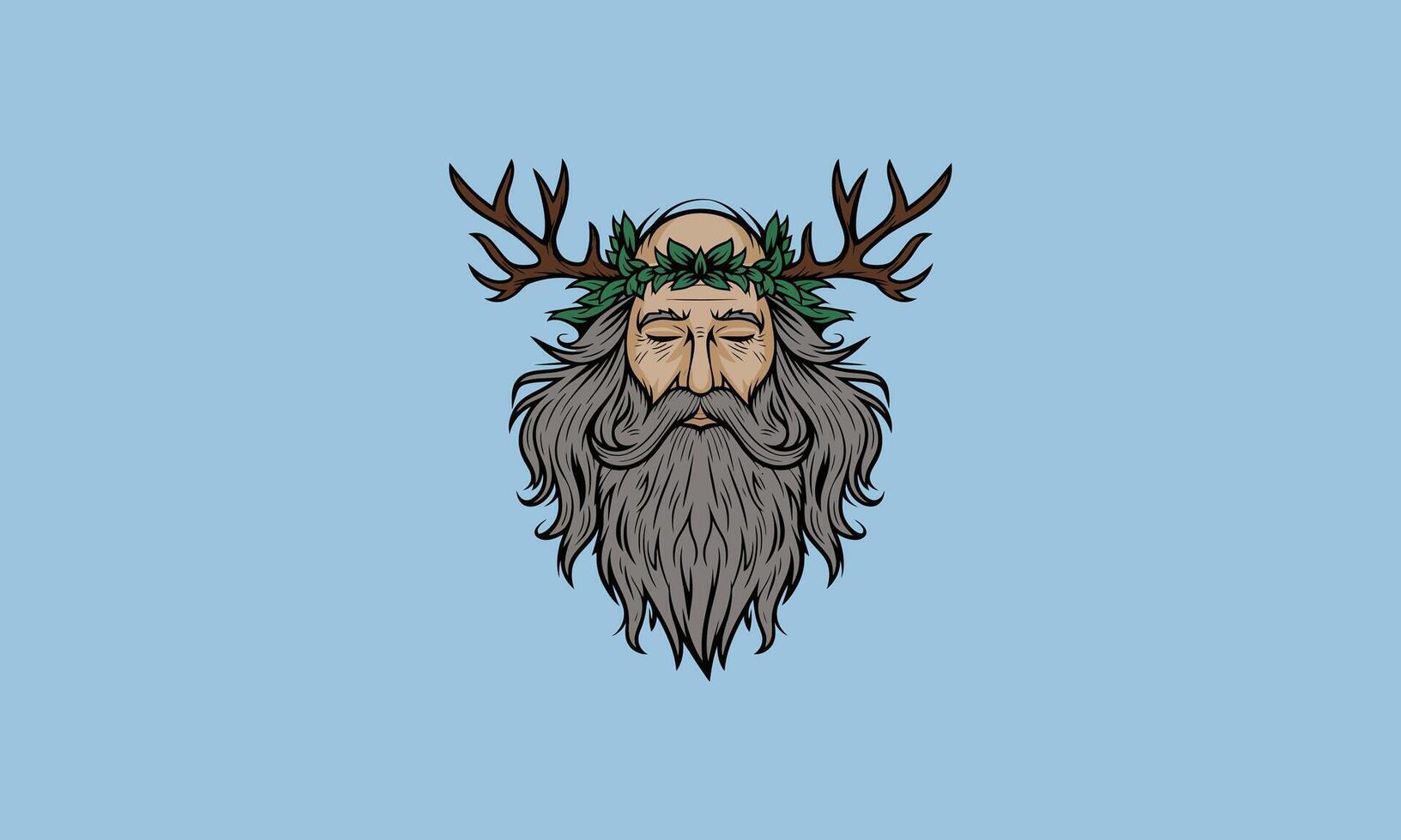 Wise bearded man with antlers and a leaf crown. vector