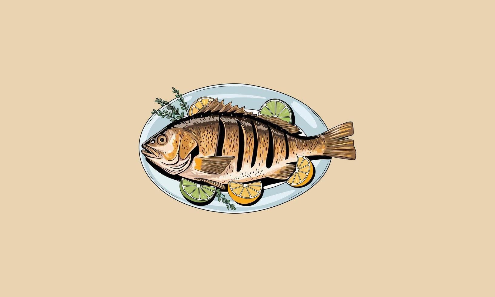 Grilled fish served on a plate with lime and herbs. vector