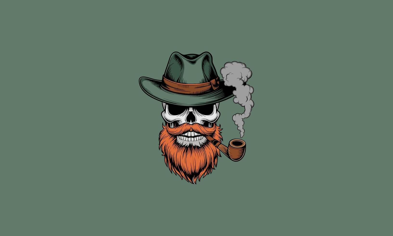 Skull with beard, pipe, and green hat. vector