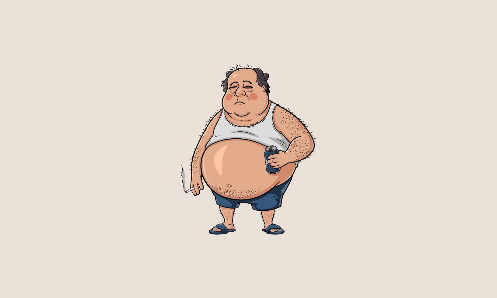 Cartoon overweight man with beer and cigarette standing. vector