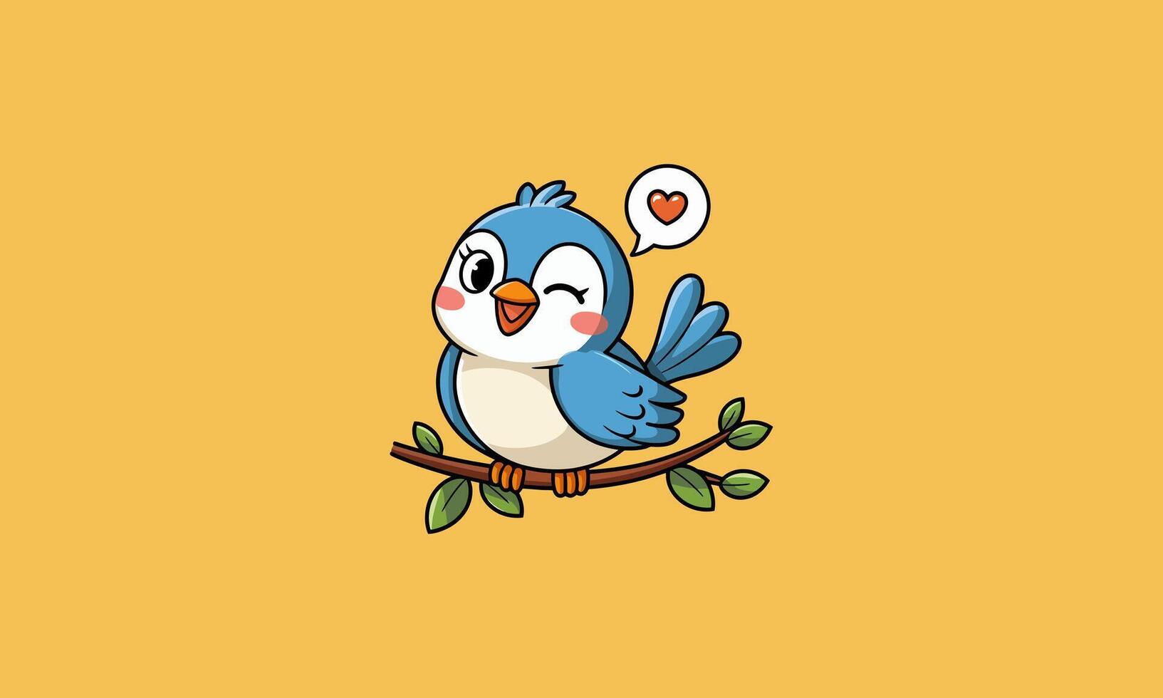 Cute blue bird winking on a branch with a heart bubble. vector
