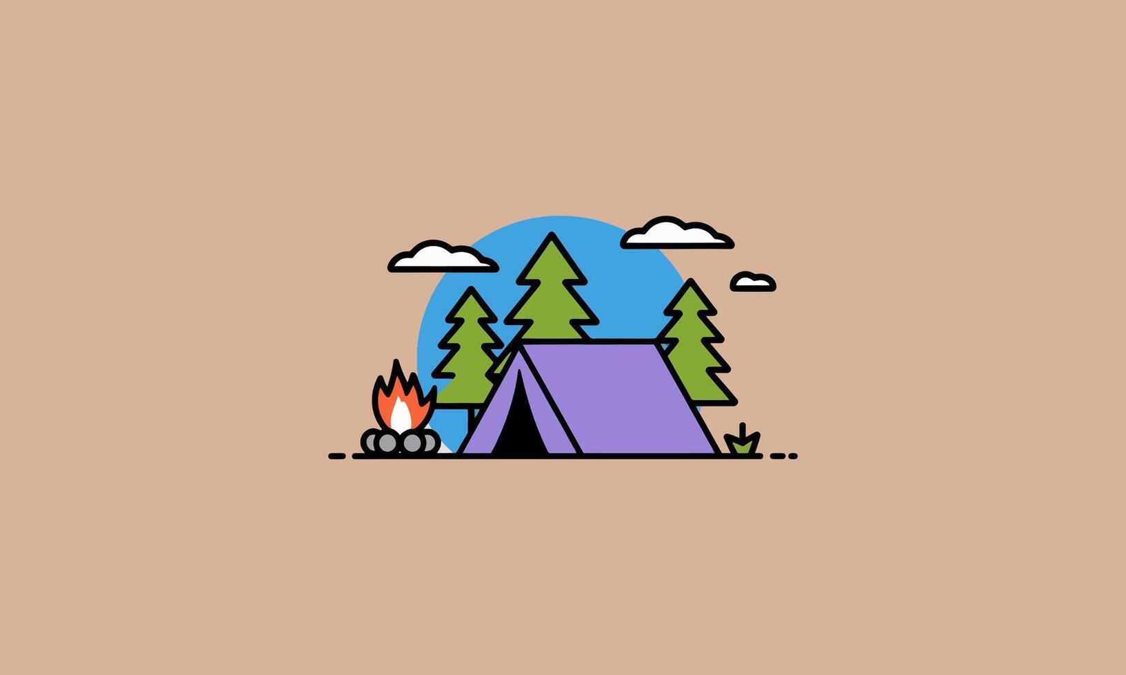 Simple camping scene with tent, trees, and campfire vector