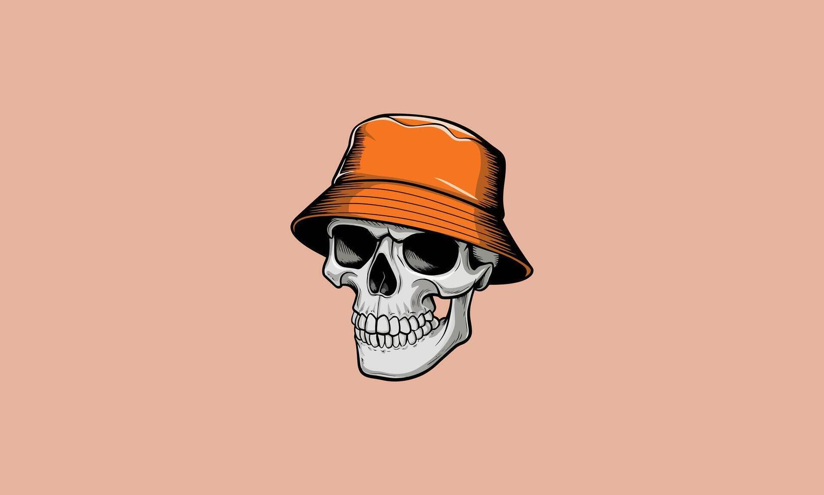 Skull wearing an orange bucket hat, minimalistic design. vector