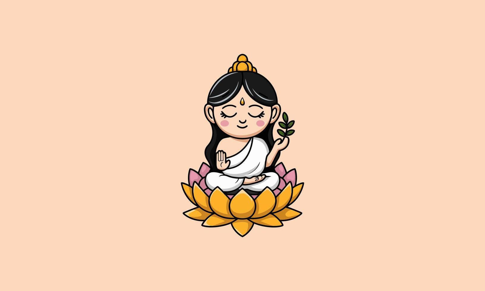 Cartoon woman meditating on a lotus, holding a branch. vector