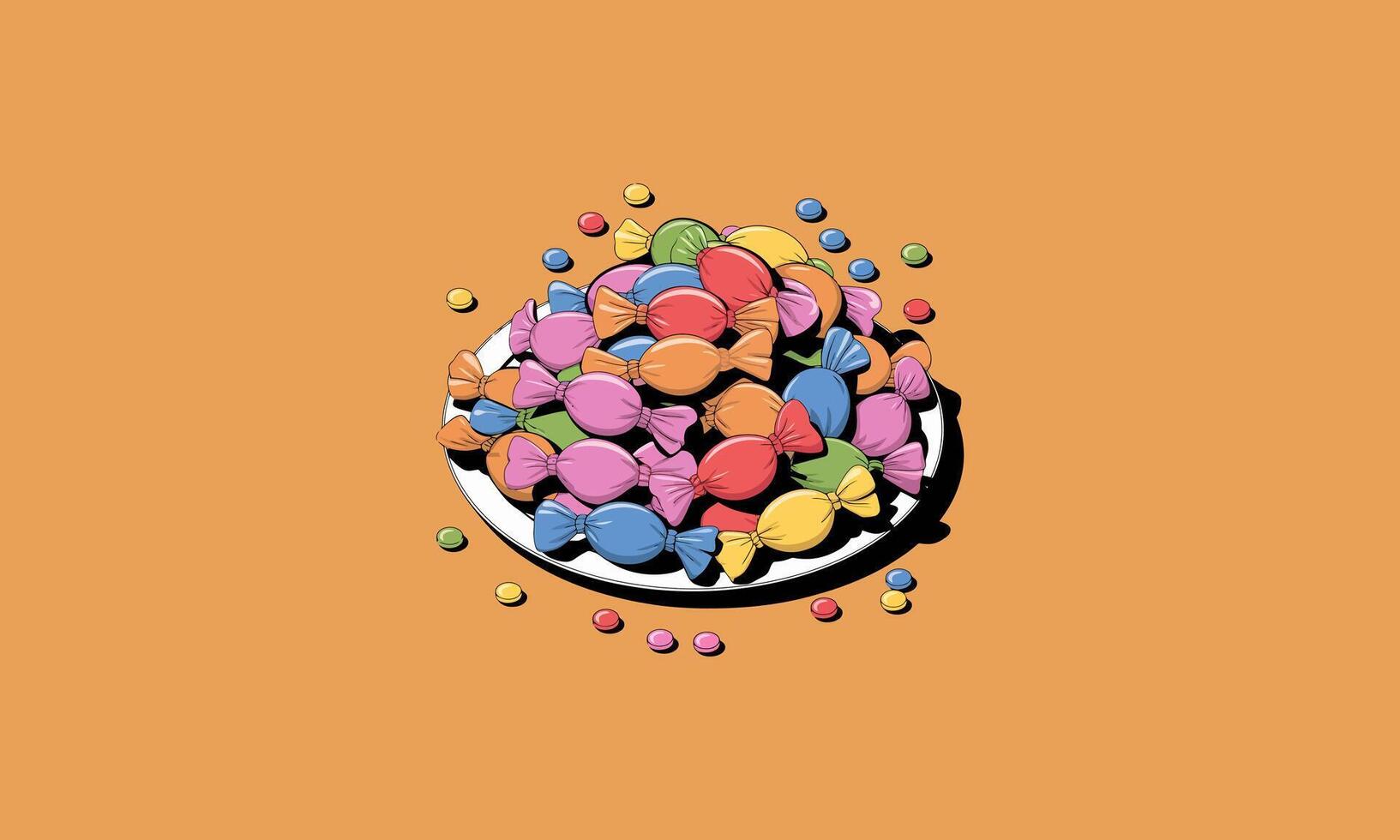 Colorful wrapped candies piled on a plate with scattered pieces vector
