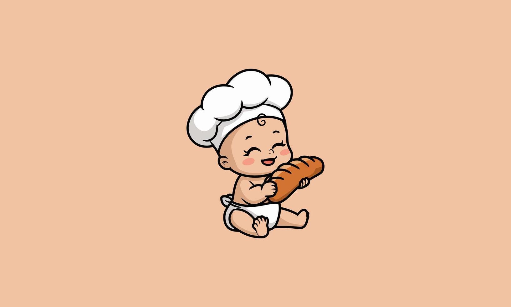 Cute baby chef holding a loaf of bread. vector