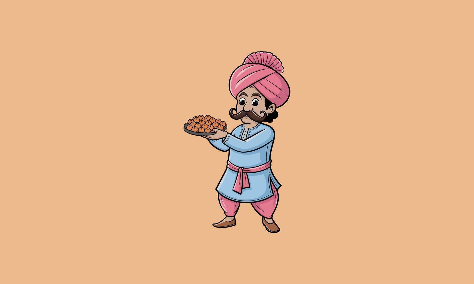 Man in traditional attire holding a plate of sweets vector