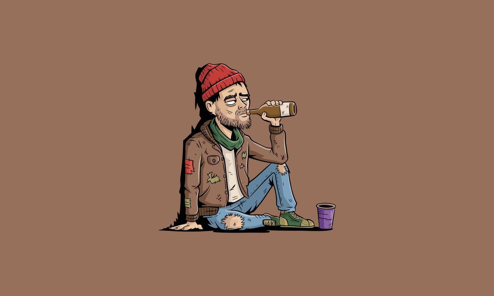 Cartoon man sitting with bottle, wearing a red beanie. vector