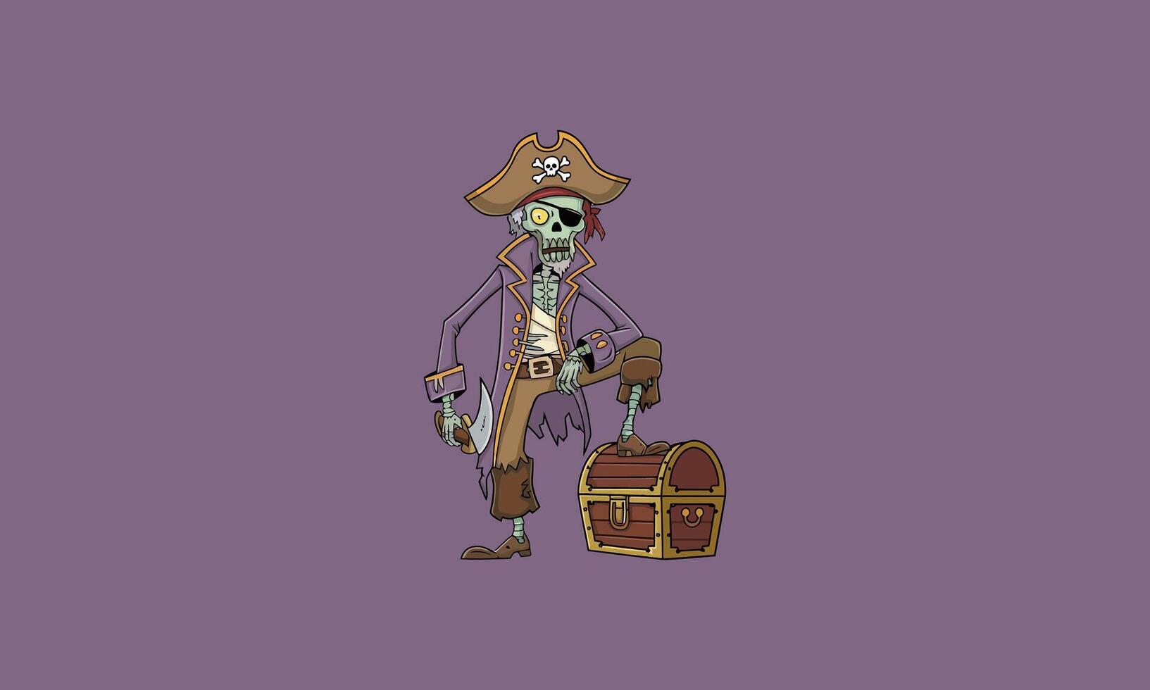 Cartoon zombie pirate with a treasure chest and sword. vector