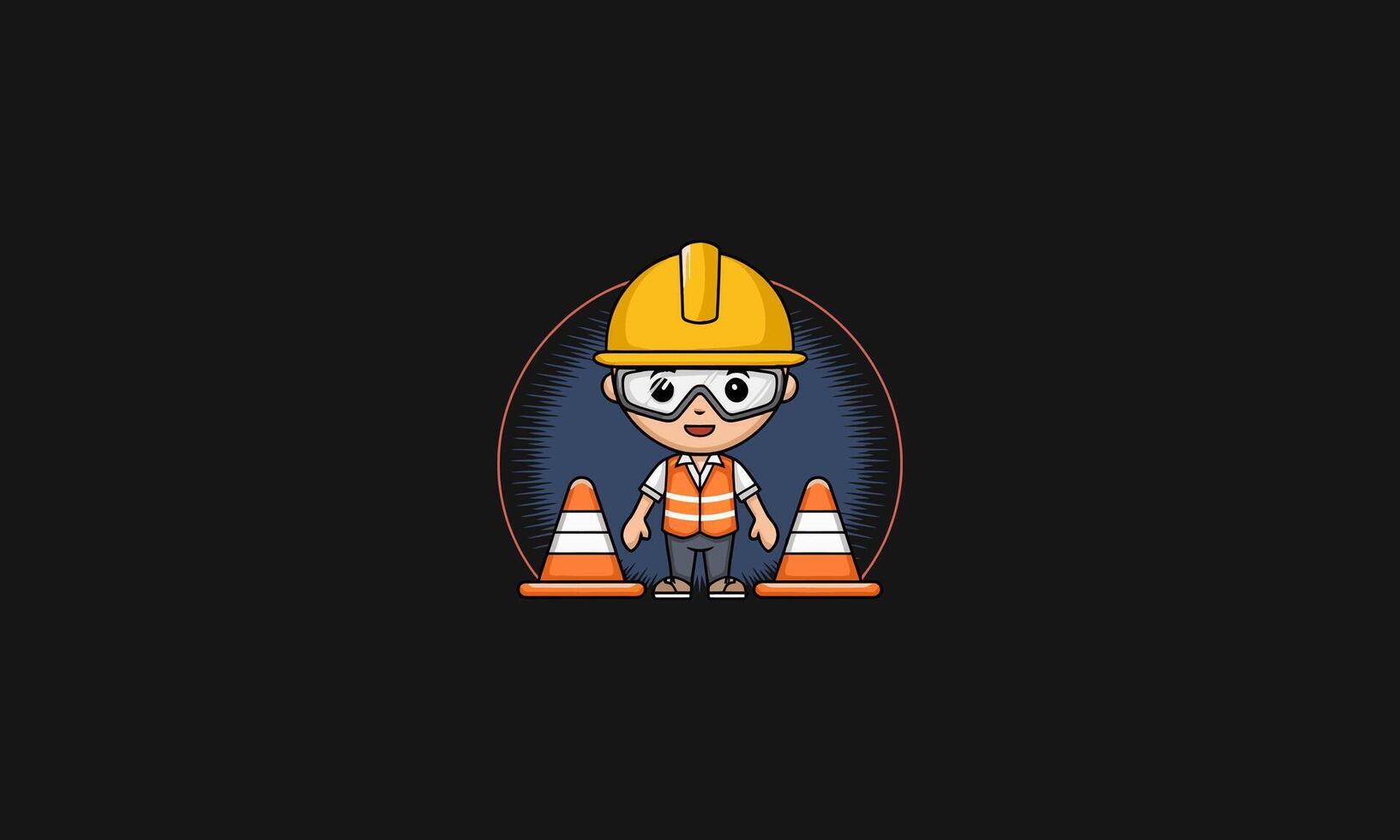 Cartoon construction worker with safety helmet and cones vector