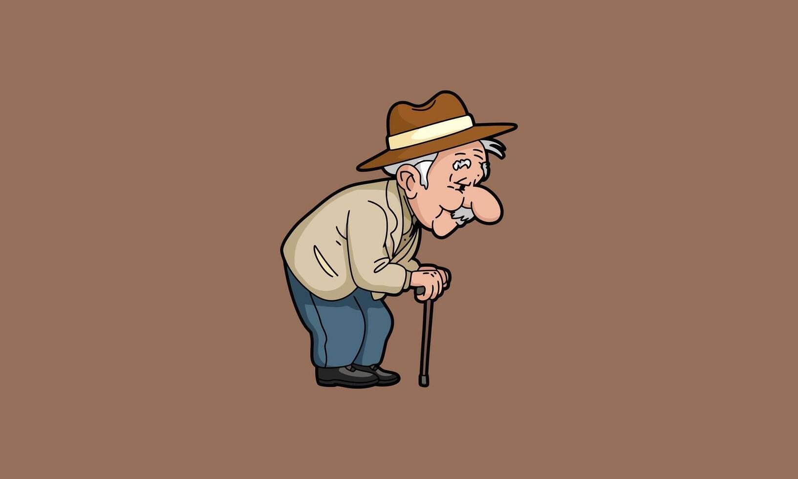 Cartoon elderly man with cane, wearing a brown hat. vector