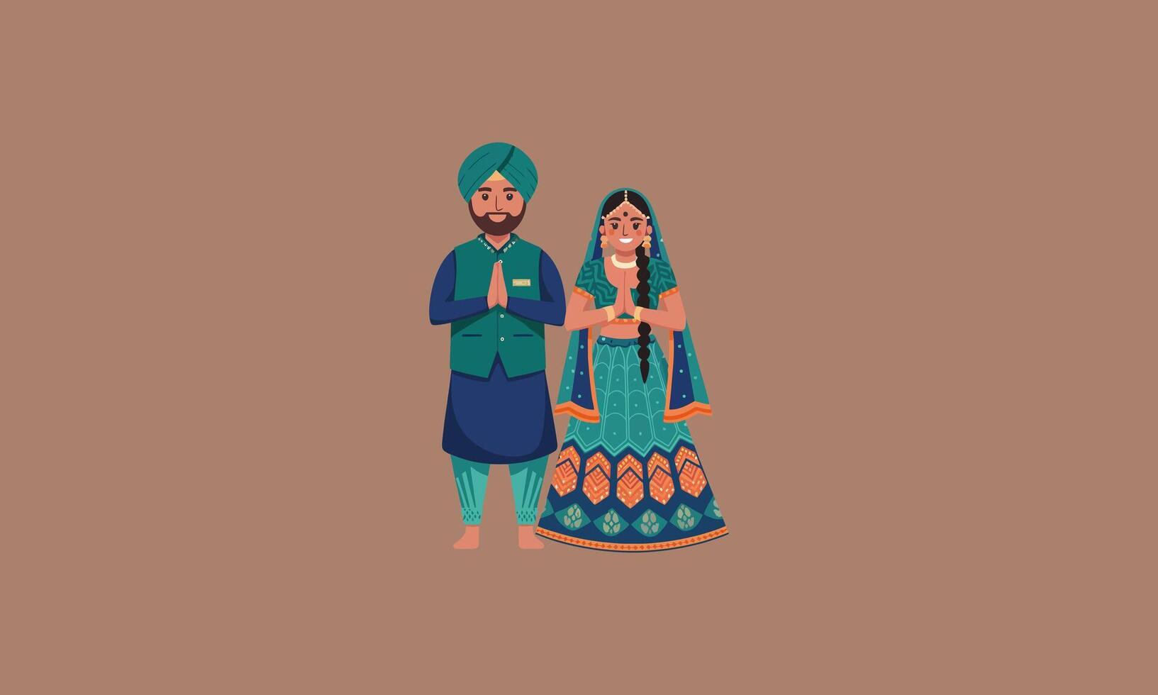 Traditional couple in cultural attire greeting with folded hands. vector