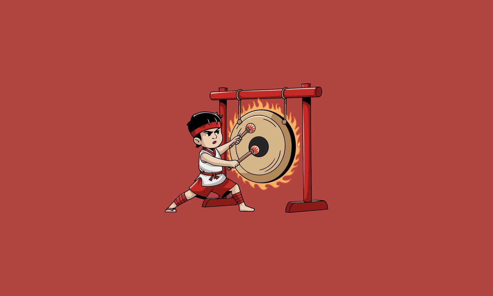 Focused boy playing a large gong with fiery details. vector