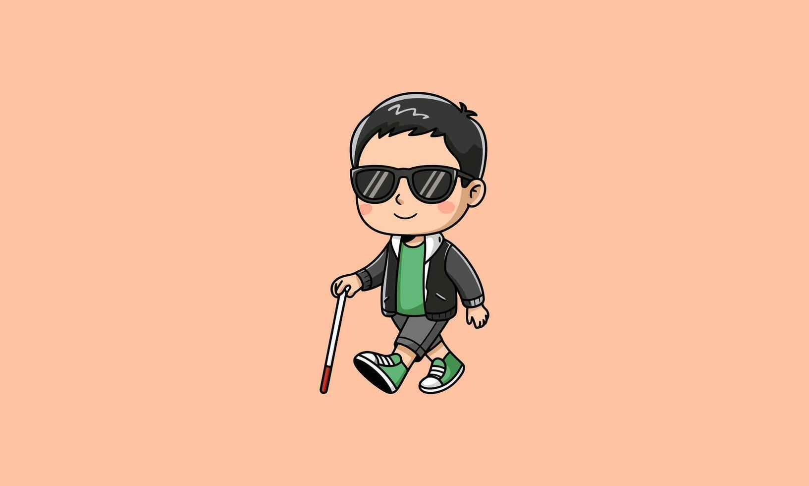 Boy with sunglasses using a white cane, walking confidently. vector