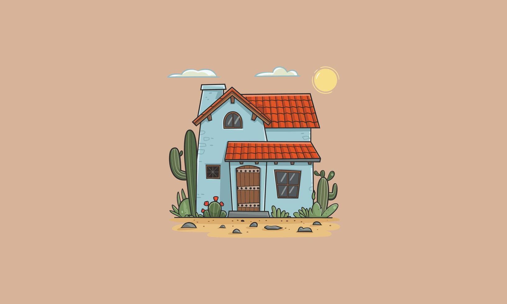 Desert house with cacti under the sun vector