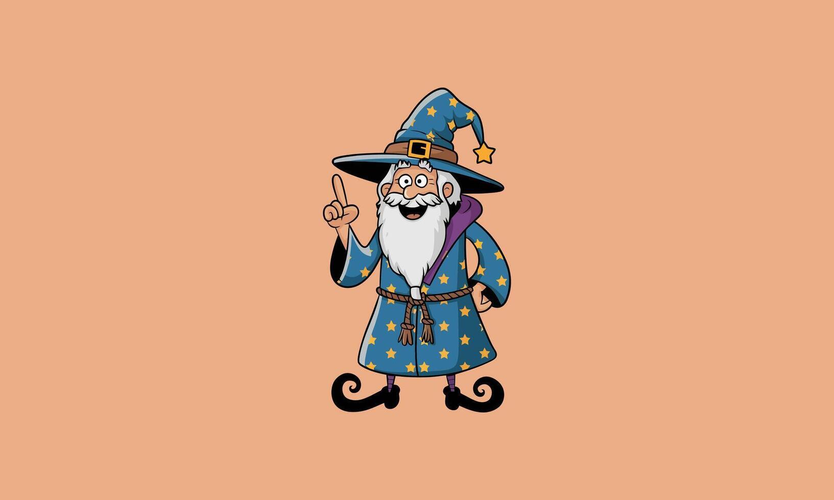 Cartoon wizard with a pointy hat and starry robe smiling. vector