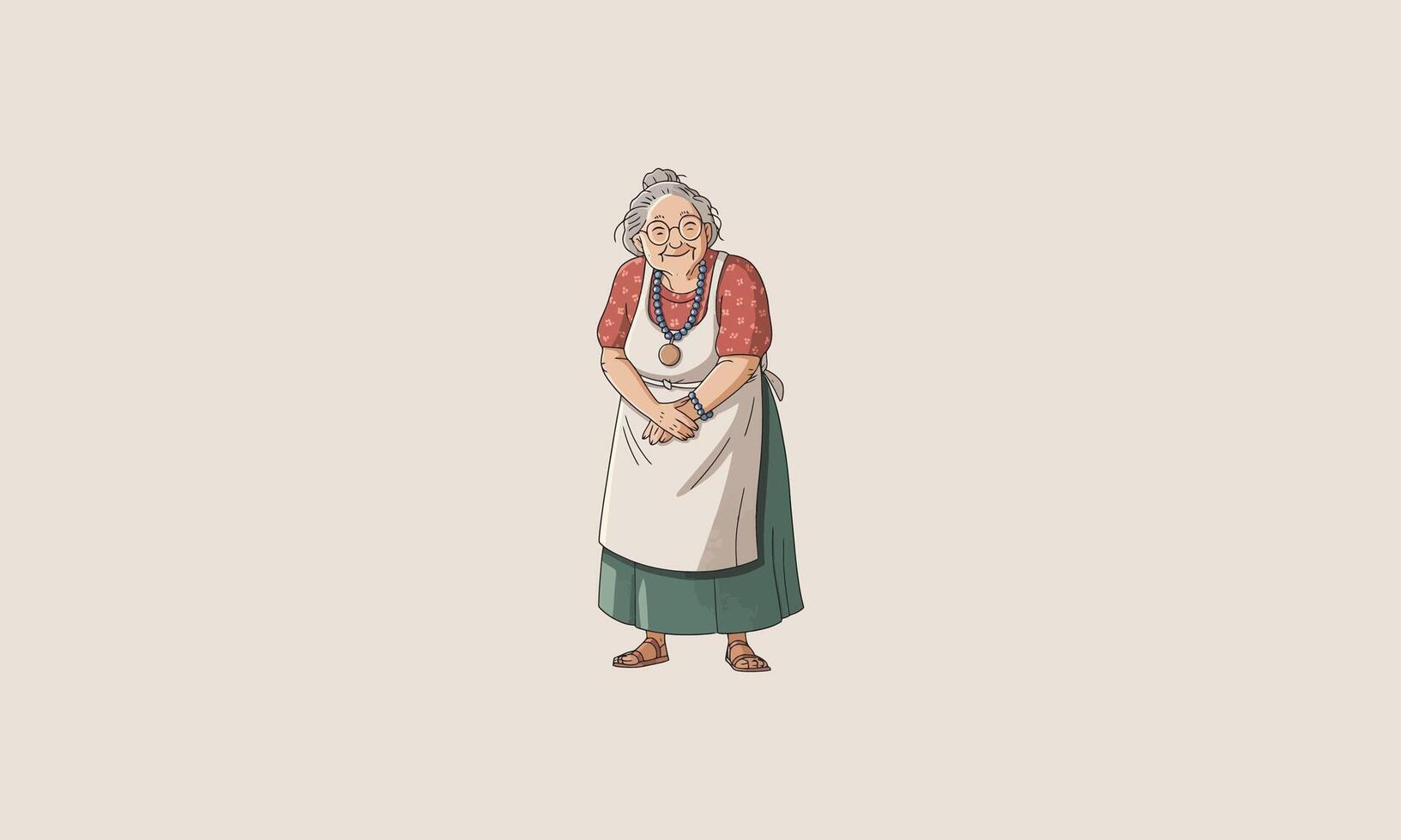 Cartoon elderly woman in apron smiling and standing. vector