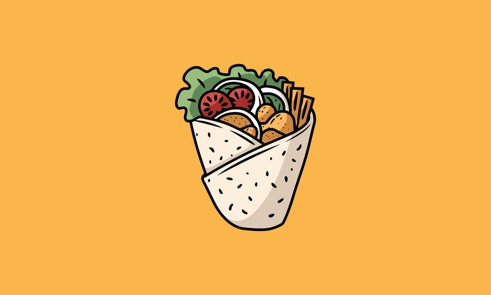 Colorful wrap filled with vegetables and fries. vector