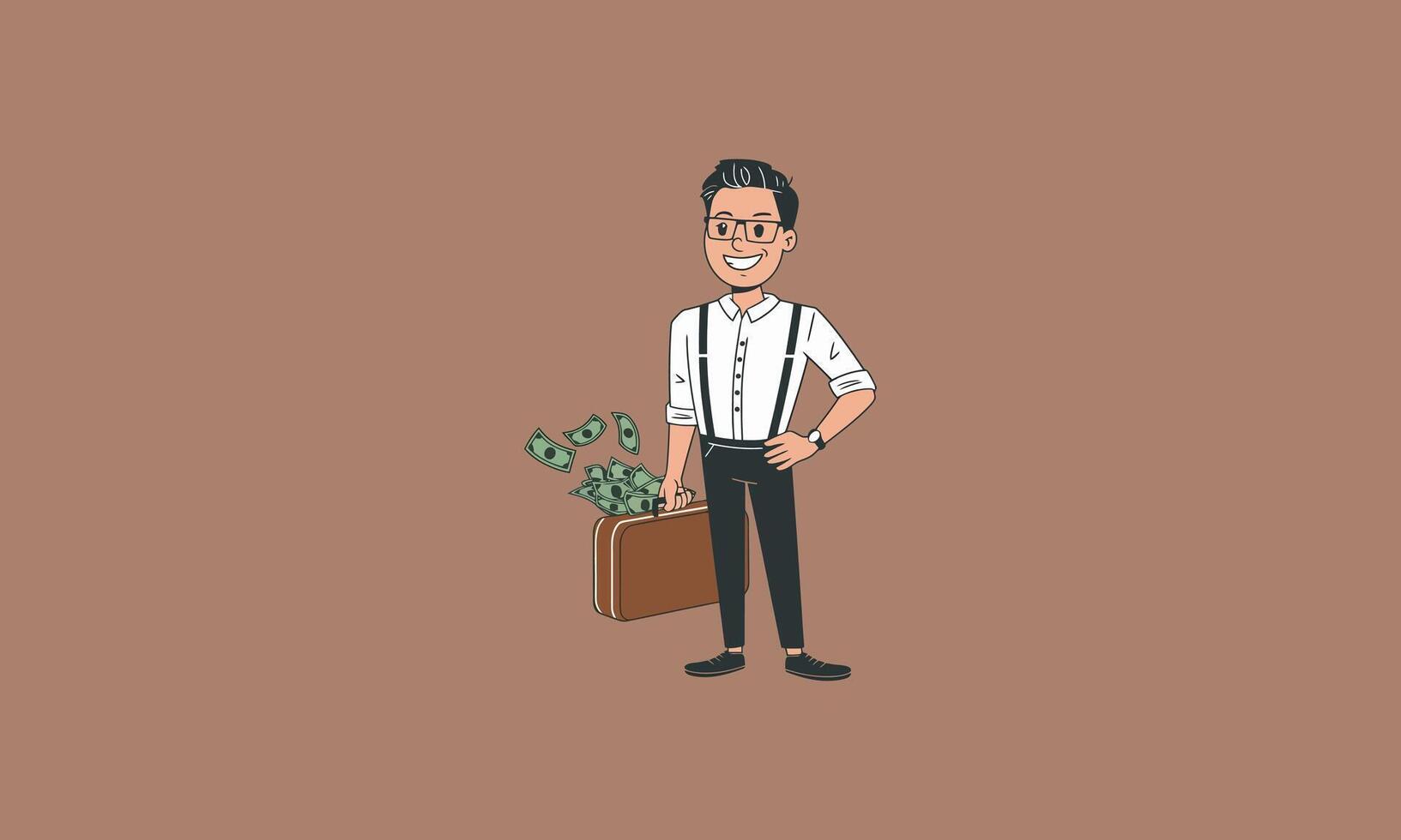 Businessman holding a briefcase with money flying out. vector