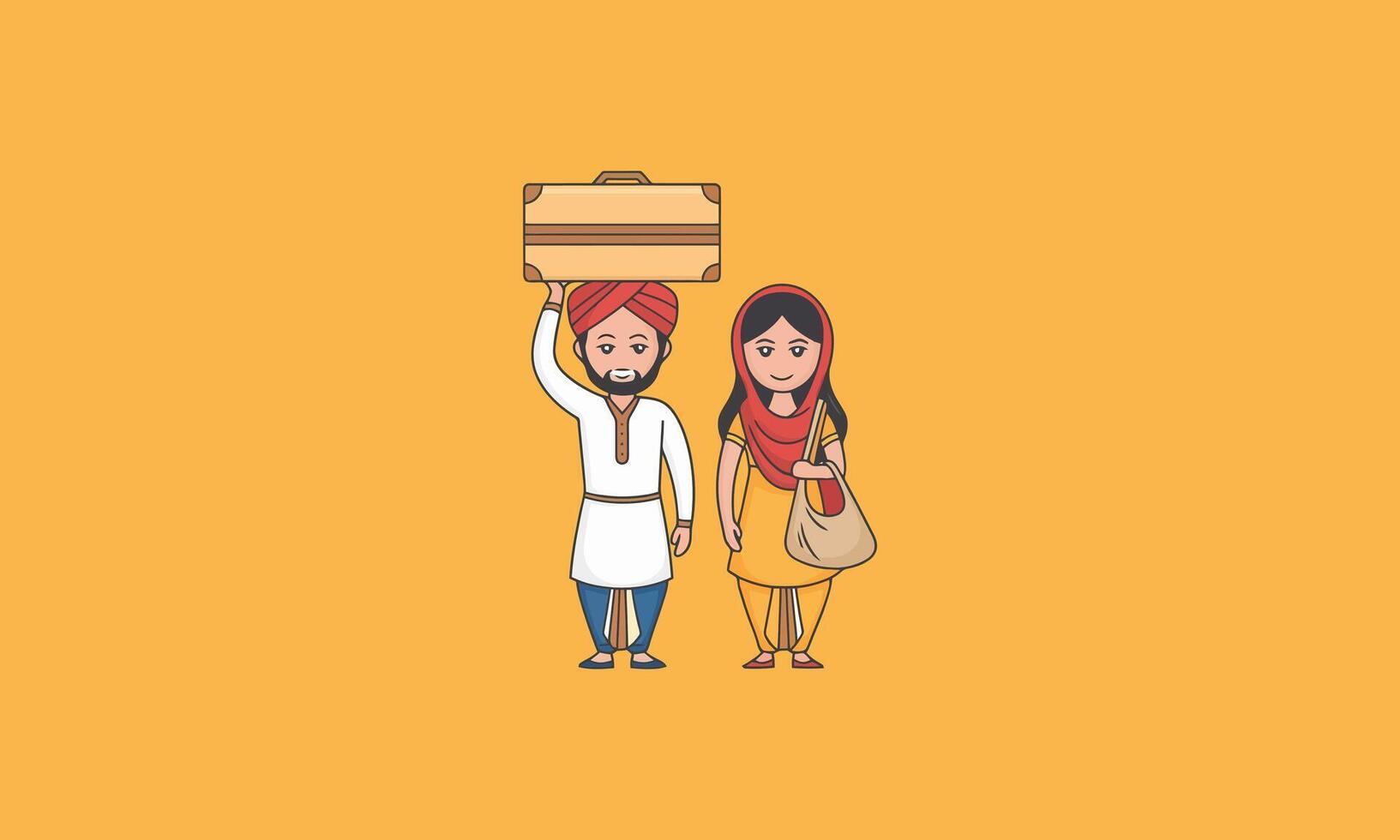 Traditional couple with luggage, minimal design. vector