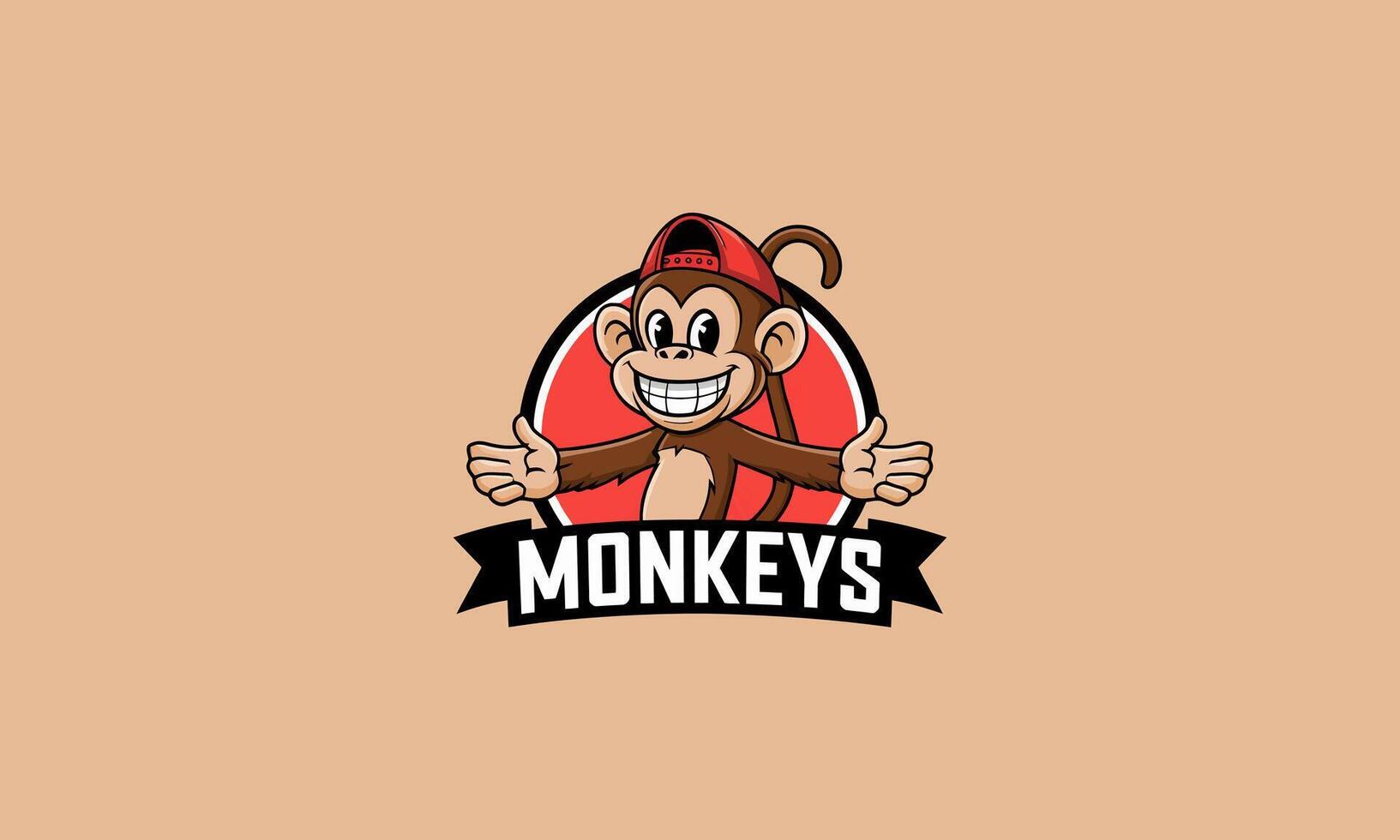 Cheerful monkey in a red cap logo with open arms. vector