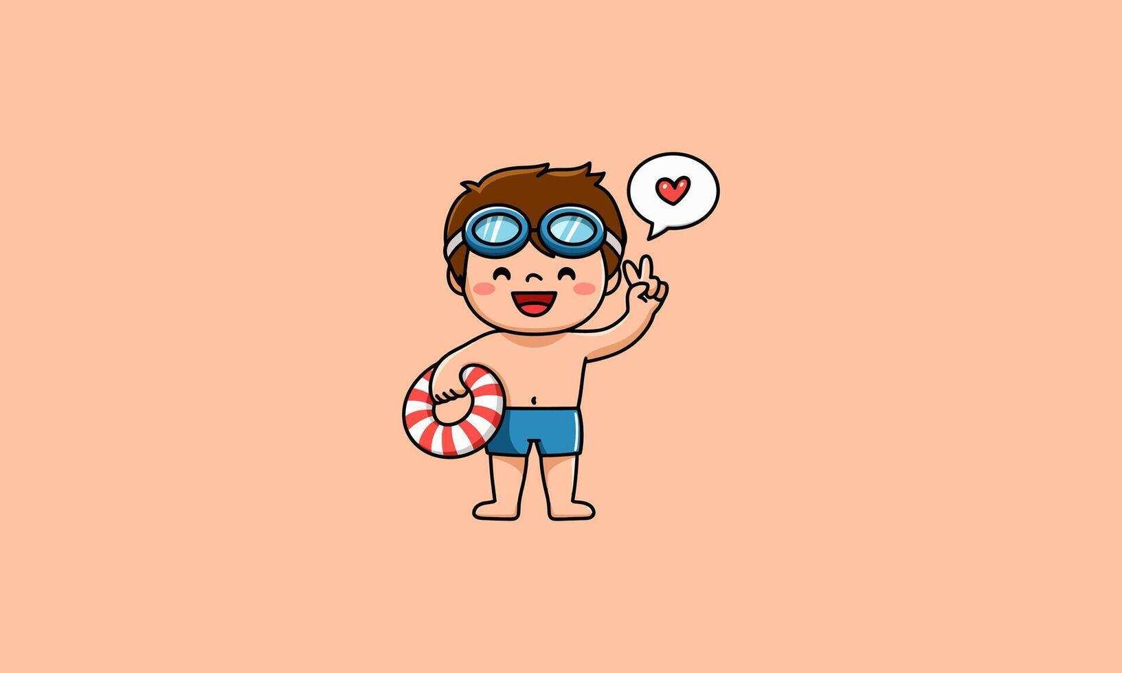 Happy boy with goggles, float, and peace sign, smiling. vector