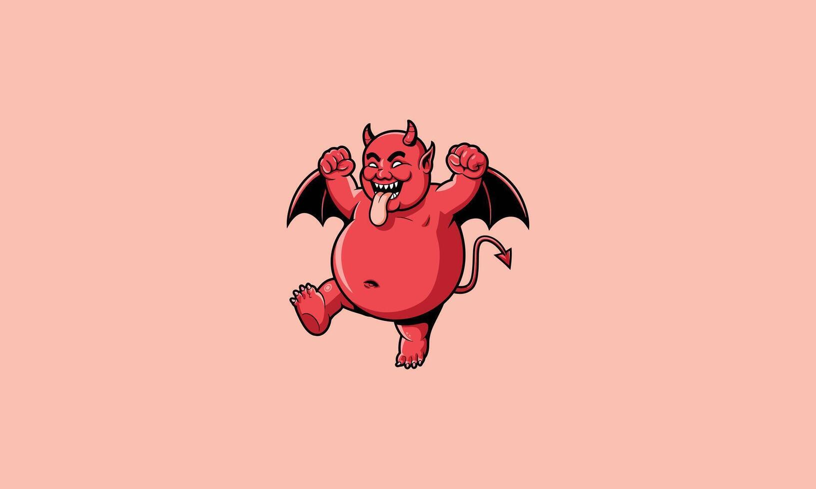 Cartoon red devil joyfully dancing with tongue out. vector