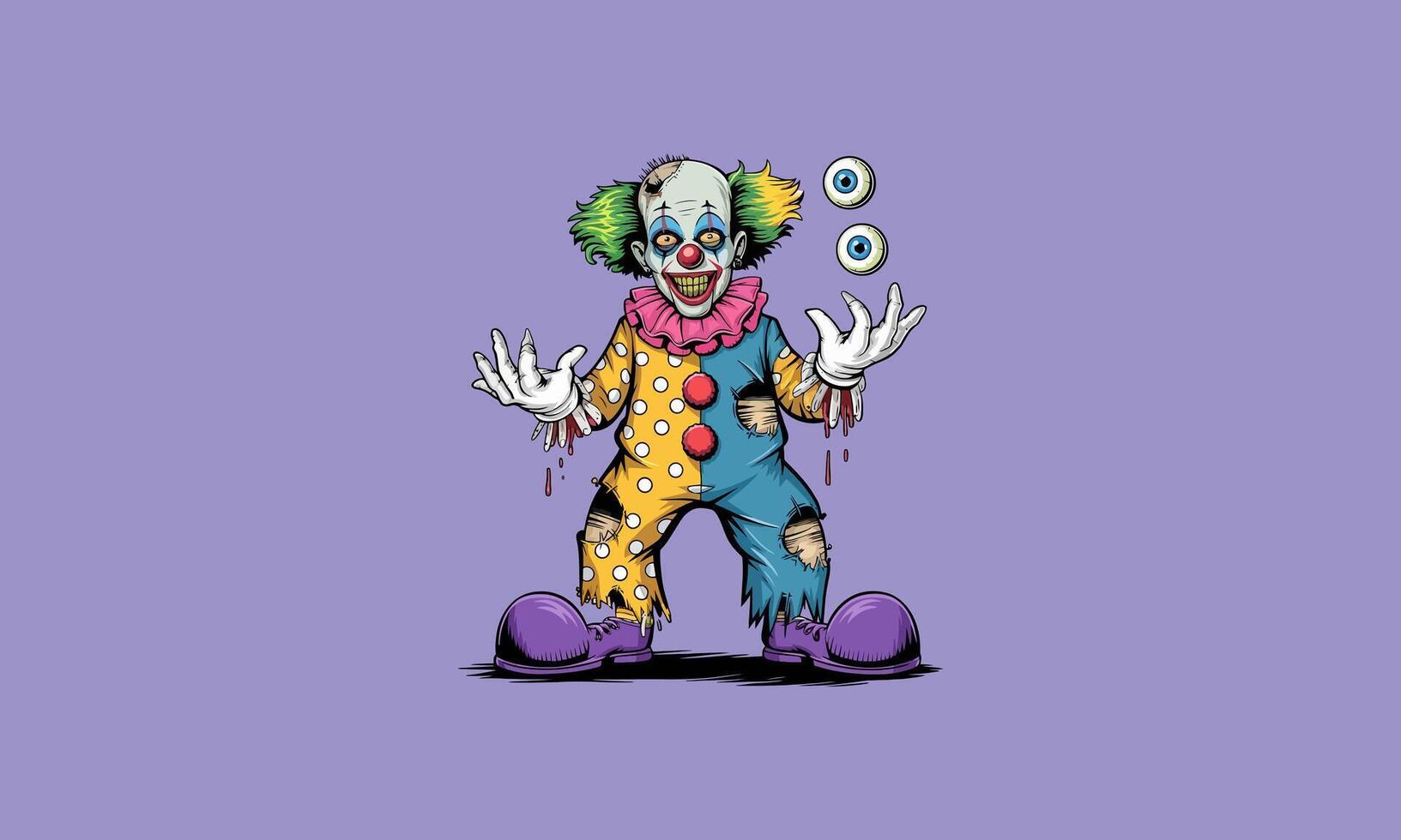 Creepy clown juggling eyeballs in a torn costume. vector
