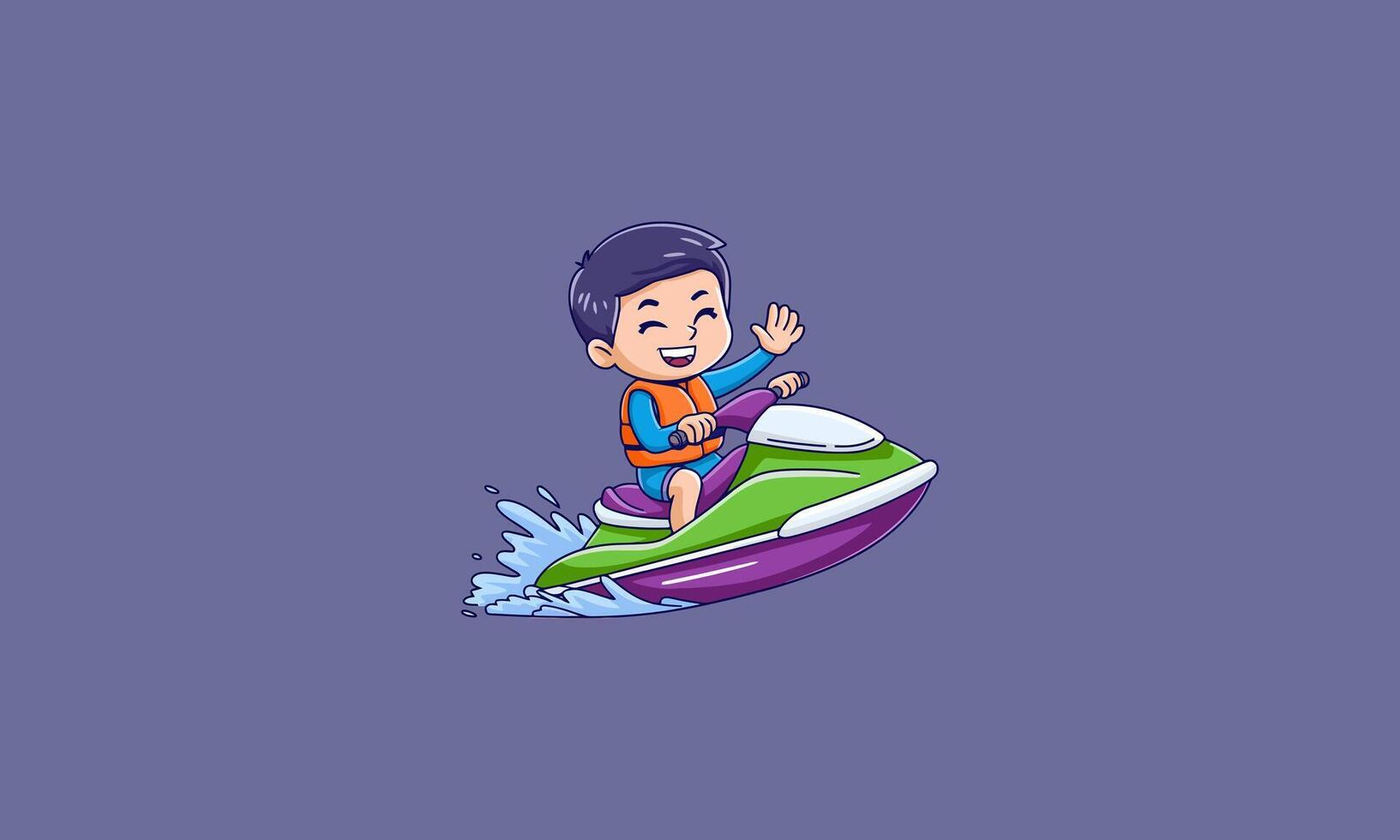 Smiling boy riding a jet ski, waving joyfully. vector