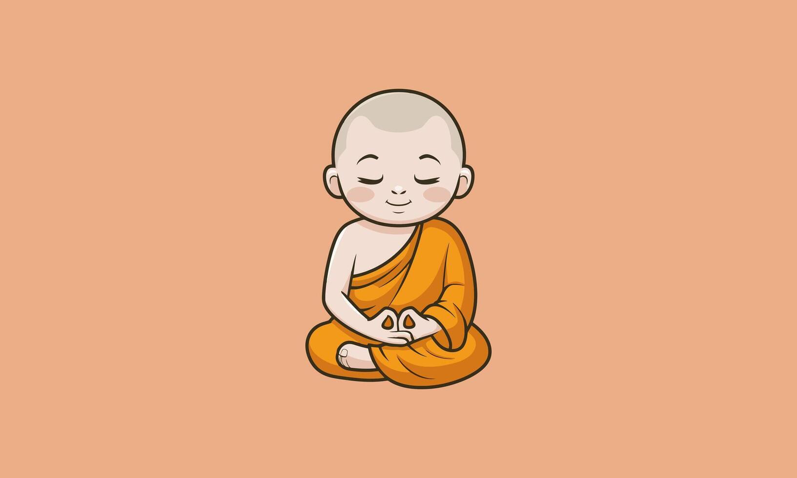 Cartoon monk meditating in orange robes with eyes closed. vector